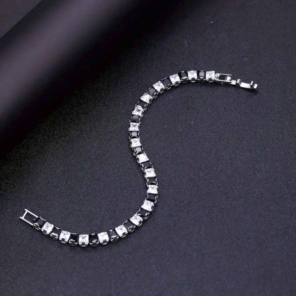 18K White Gold 1ct Black Onyx & Diamond Womens Gemstone Tennis Bracelet Jewelry - Picture 7 of 9